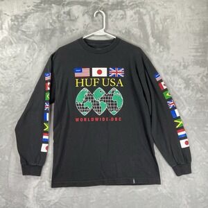 HUF Worldwide T-Shirt men's Medium Graphic Long Sleeve Skateboarding World Flags